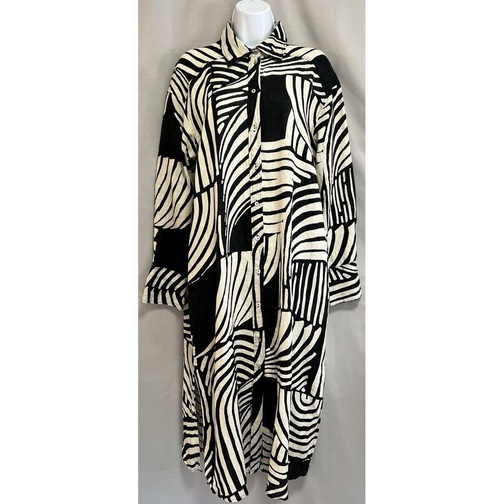 H&M Dress Size Small Black White Midi 100% Linen Abstract Print Shirt Relaxed‎